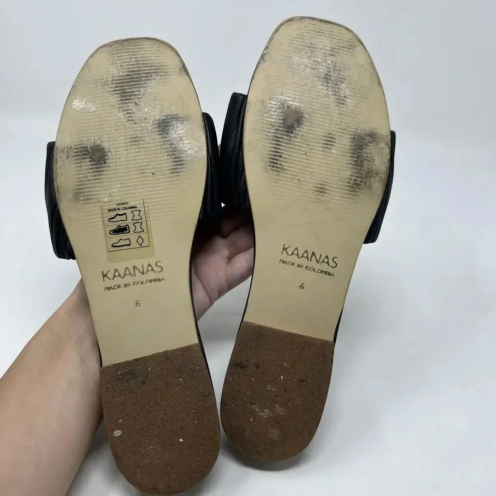 Kaanas Pekan Ruched Black Leather Slides Slip‎ On Sandals Shoes Women’s Size 6